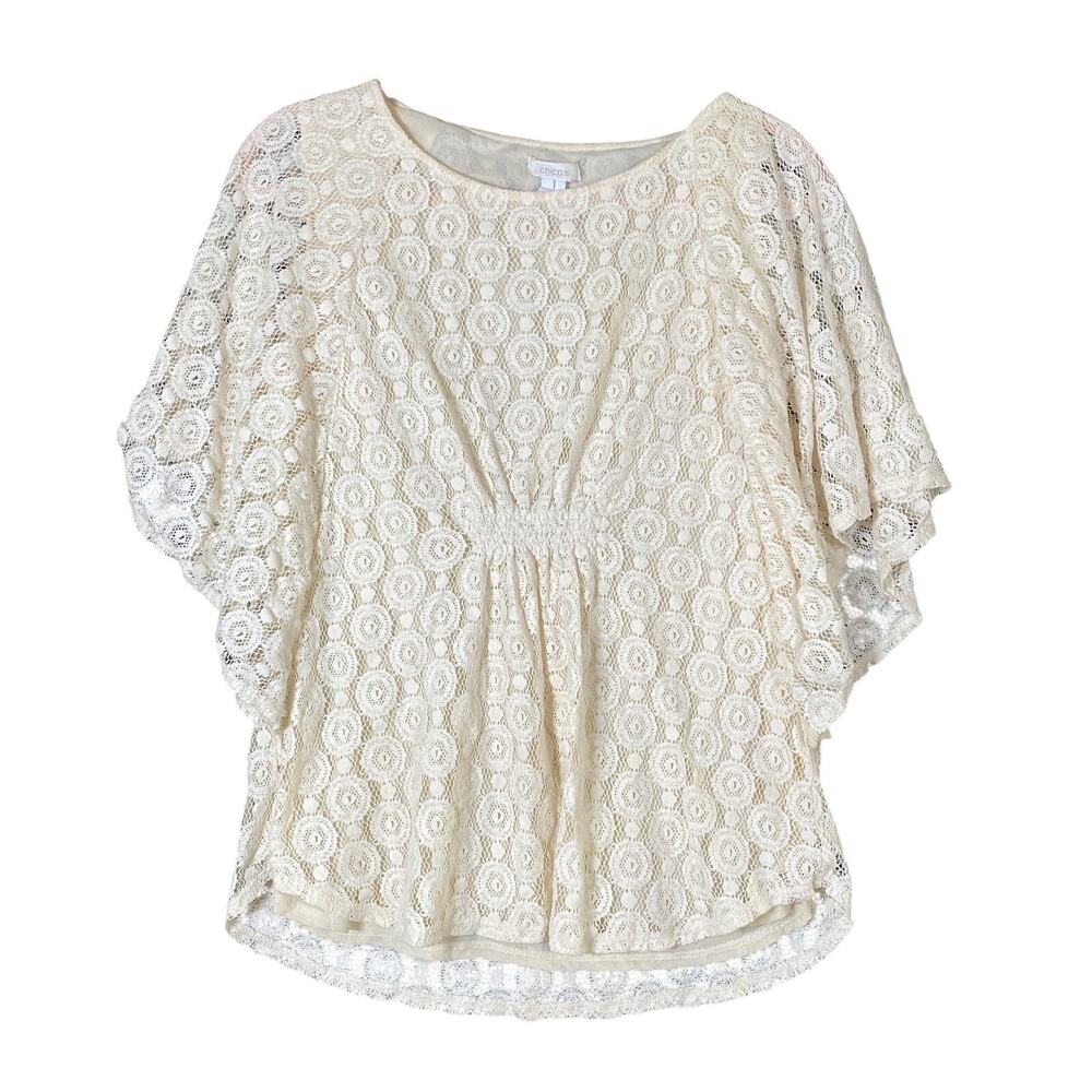 Chicos Womens Blouse Tan Textured Lace Top Short Sleeve Round Neck 1 (M)